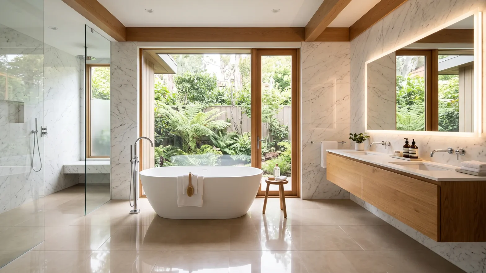 Spa-like bathroom with freestanding bathtub, marble walls, and a view of a lush garden through a glass door.