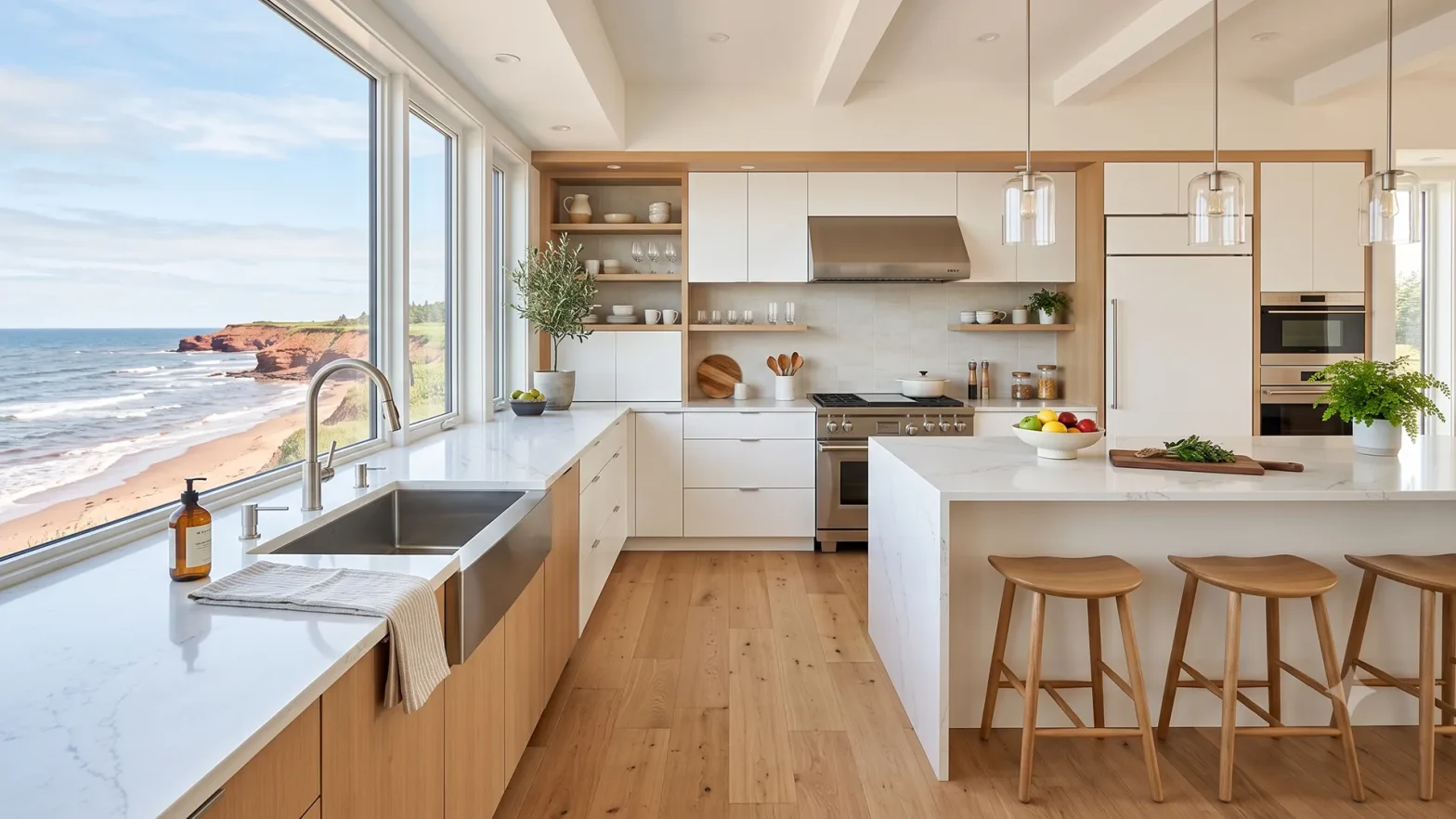 Bright, modern kitchen with marble countertops, white cabinets, and a sea view through large windows.