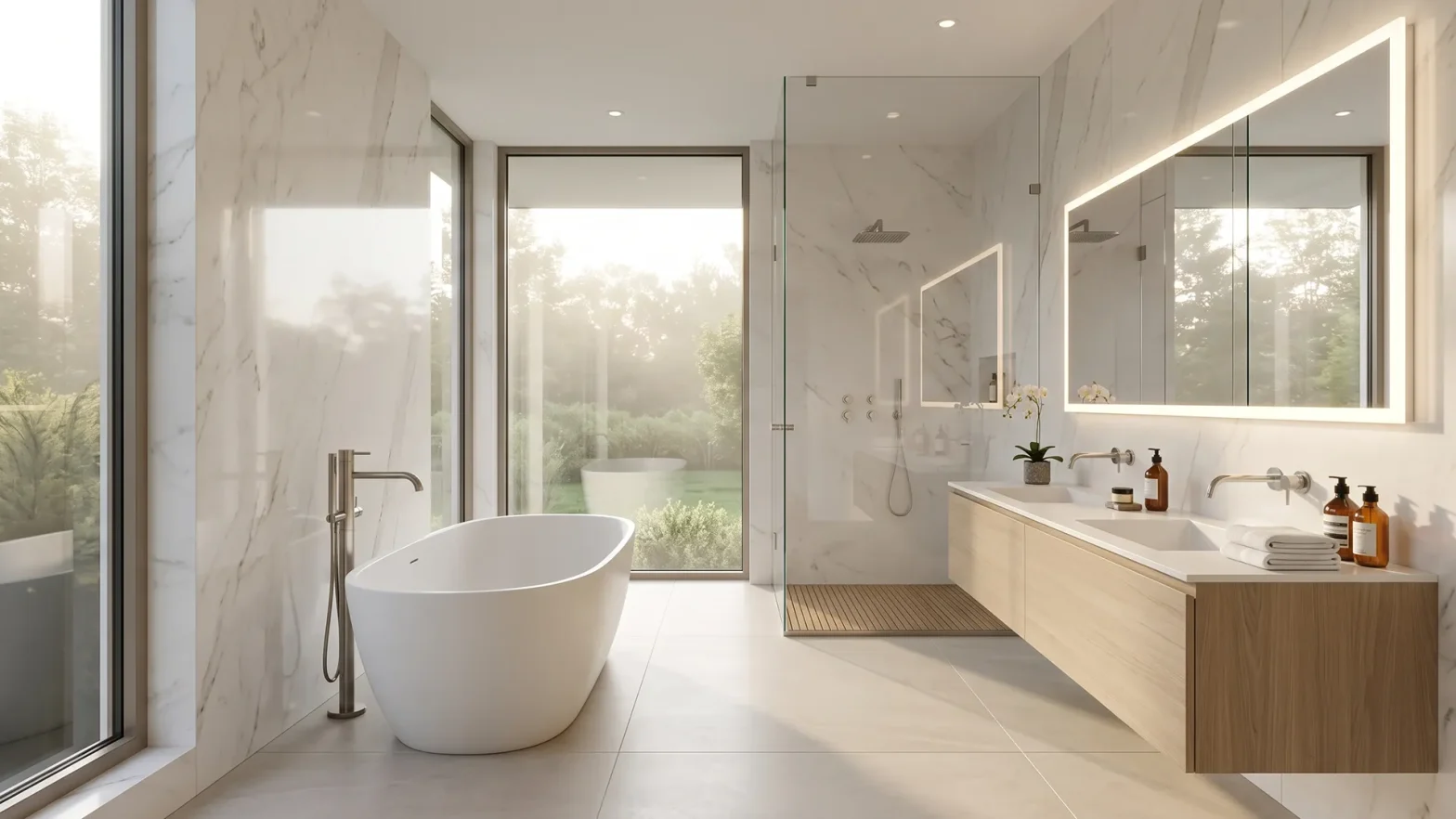 Luxurious modern bathroom with a freestanding white tub, marble walls, glass shower, and a backlit rectangular mirror.