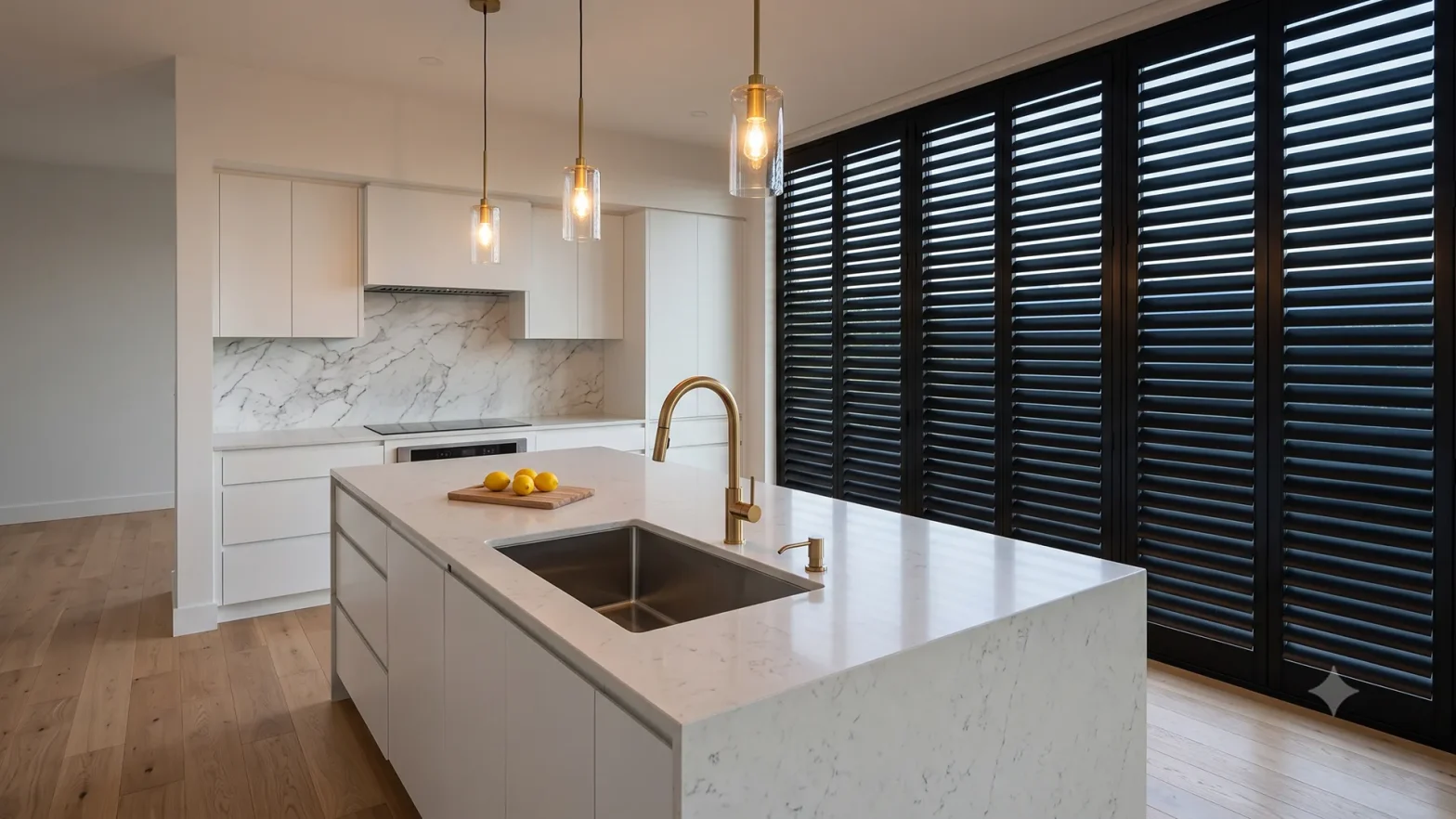 Modern white kitchen with marble countertops and island, brass faucet, and large black louvered windows.