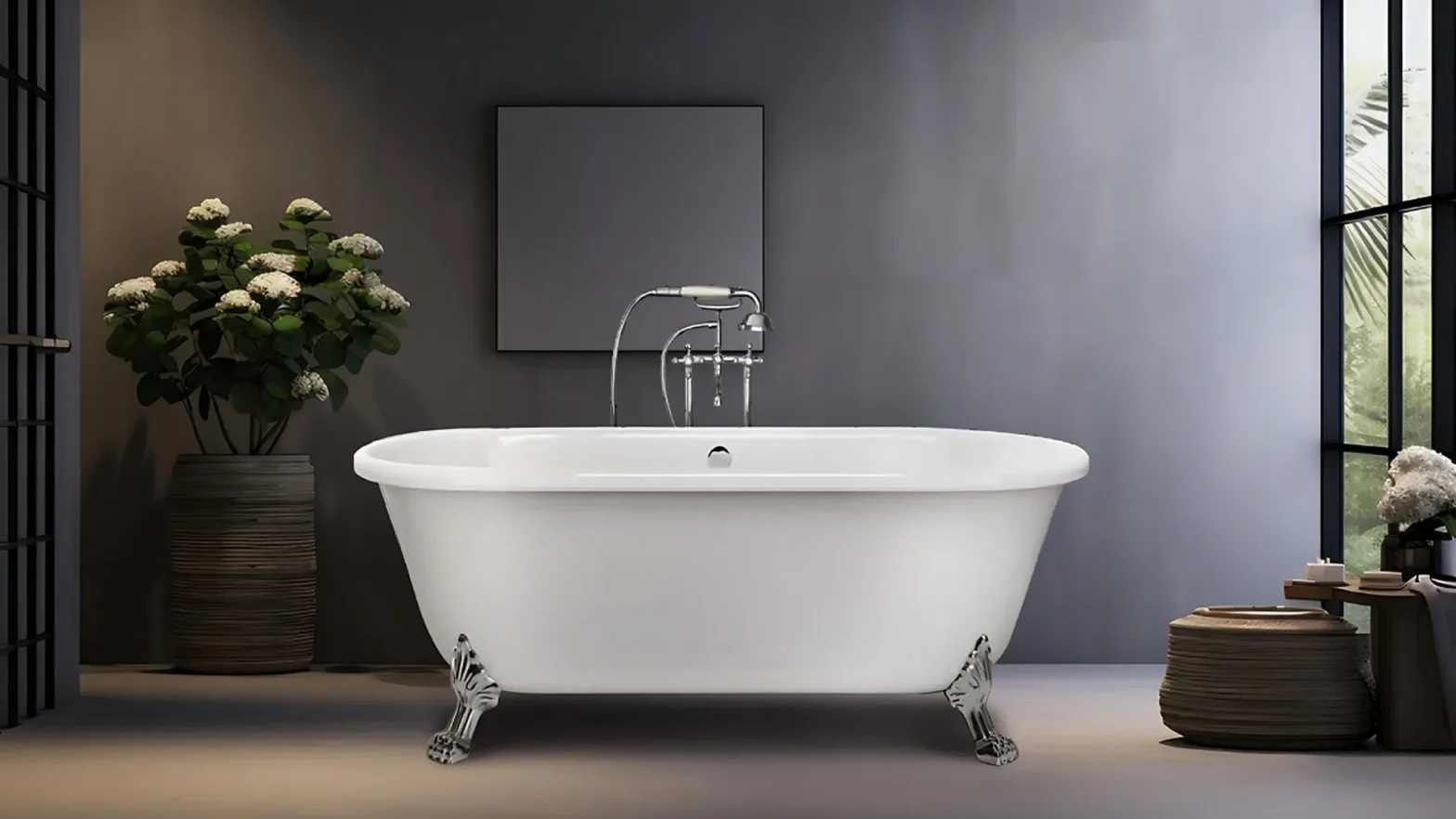 White freestanding clawfoot bathtub in a moody, modern bathroom with dark gray walls and a large window