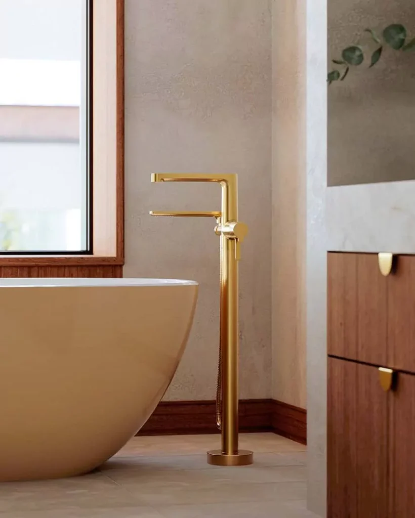 Riobel NB39BG Nibi Floor Mount Tub Filler With Hand Shower In Brushed Gold Finish