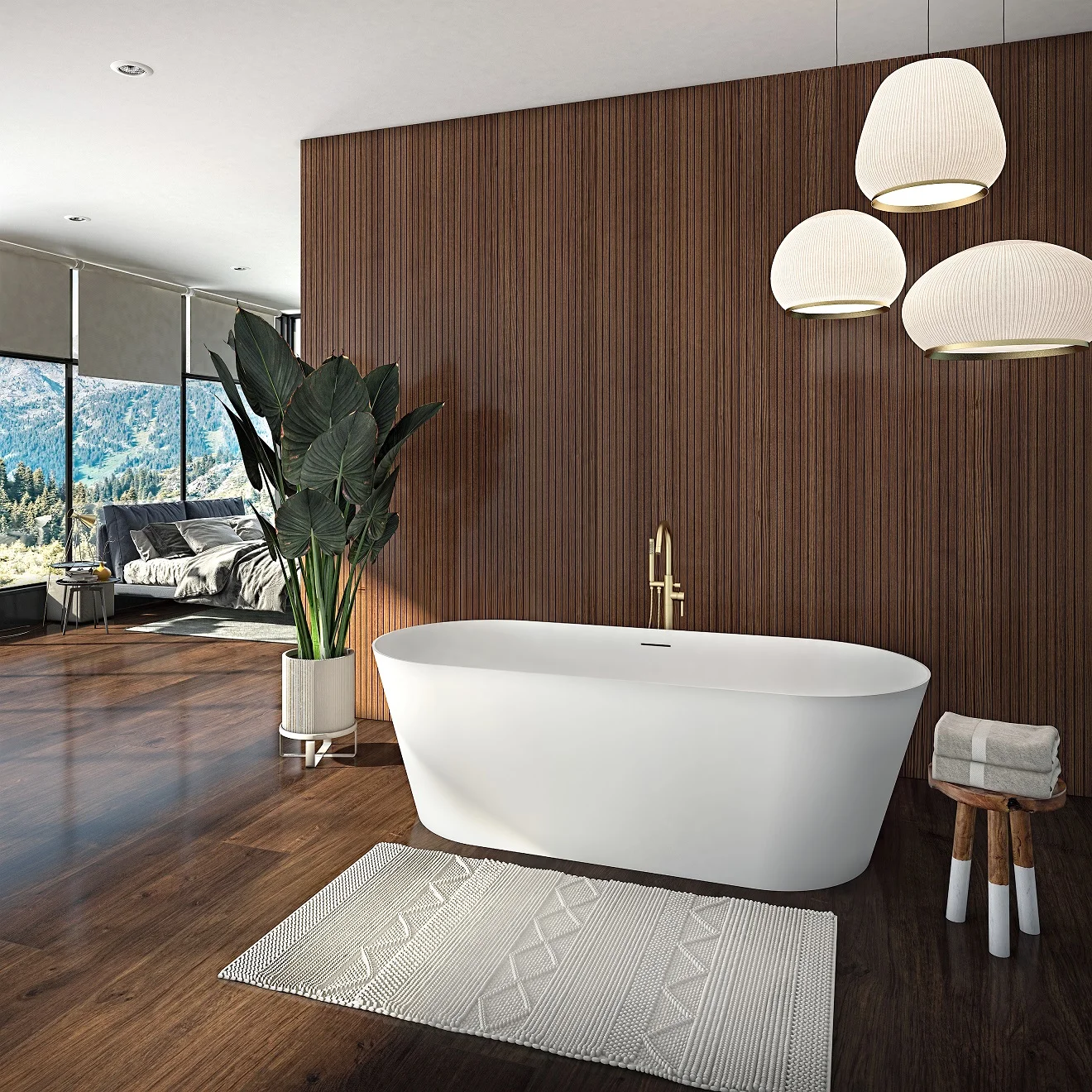 Produits Neptune 220352 Girona 6628 AFR Solid Surface Freestanding Center Drain Bathtub in Matte White