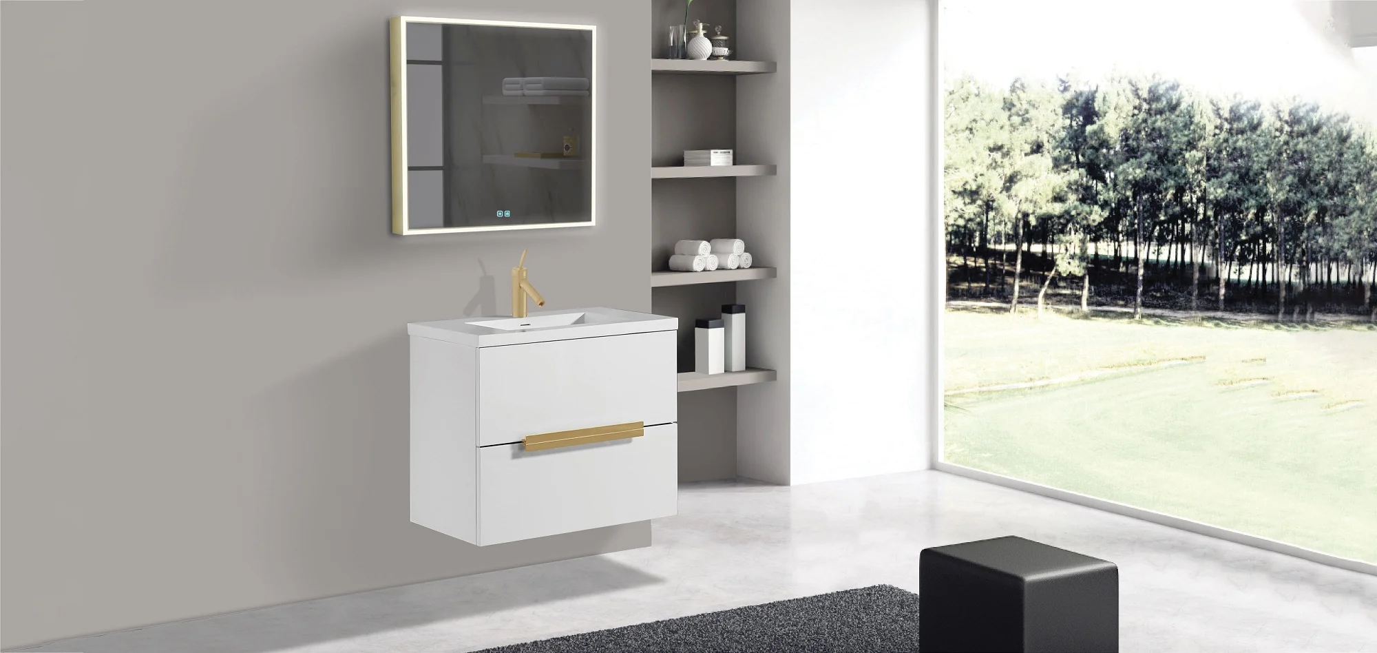 Backlit LED medicine cabinet mounted above a bathroom vanity