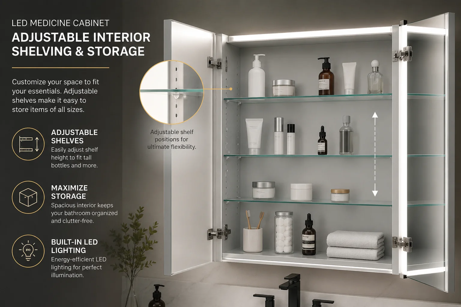 Open LED medicine cabinet showing adjustable interior shelving storage