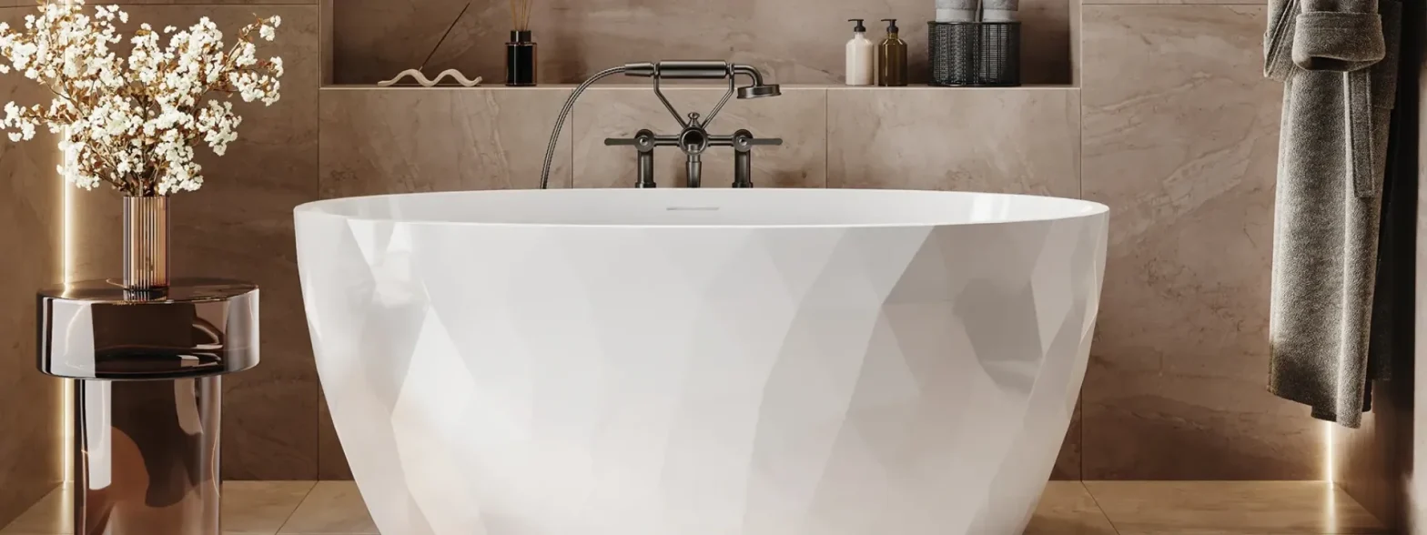 White geometric freestanding bathtub in a marble bathroom with a vase of white flowers on a chrome side table on the left.