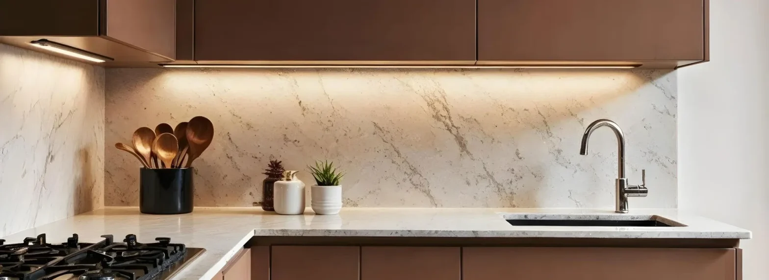 Modern kitchen with marble backsplash and countertop, brown cabinets, a gas stove on the left, and a stainless steel sink on the right under under-cabinet lighting.