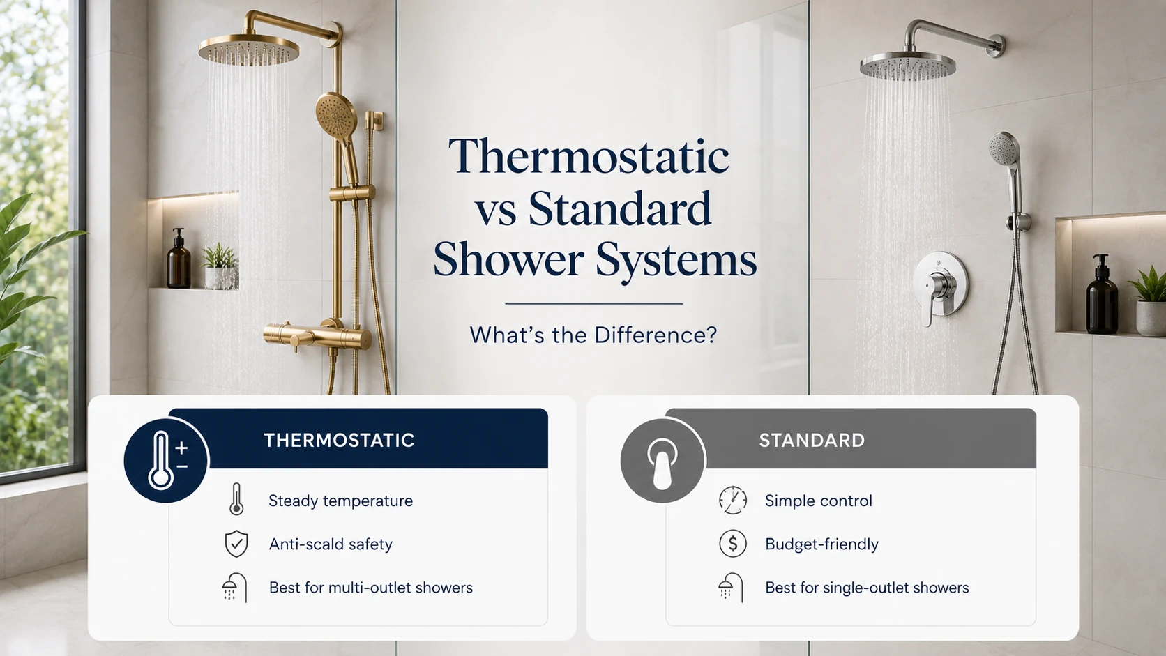 Side-by-side thermostatic and standard shower system panels in a modern bathroom