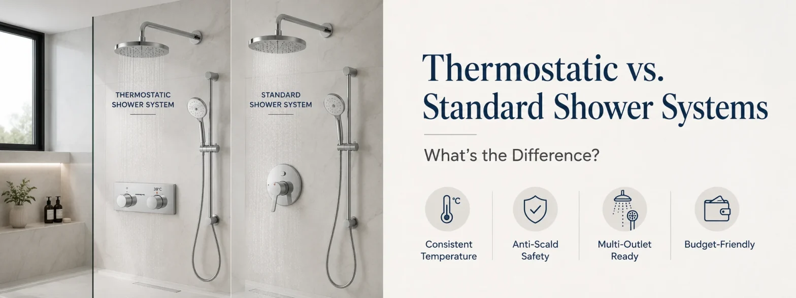 Thermostatic vs. standard shower systems comparison with chrome shower head and temperature controls