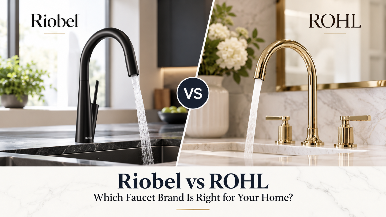 Split image comparing a matte black Riobel faucet on the left with a gold ROHL faucet on the right, a central VS badge, and a 'Riobel vs ROHL' banner beneath.